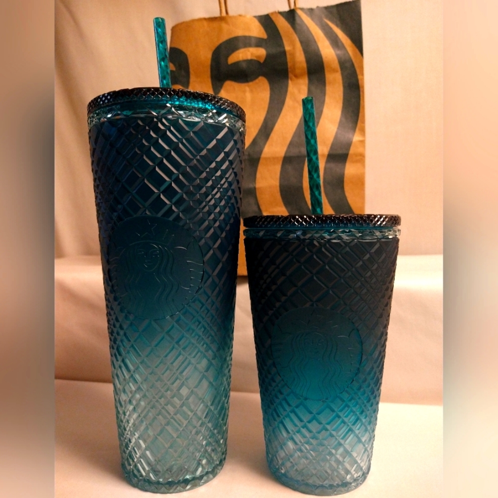 AUTHENTIC STARBUCKS VENTI & GRANDE JEWELED TEAL OMBRE 2 COLD CUP BUNDLE - NWT